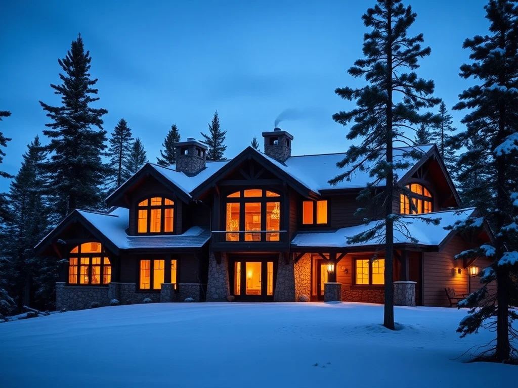 Snow-dusted ponderosa-pine mountain home near Show Low, Arizona at dusk with warm light glowing from the windows